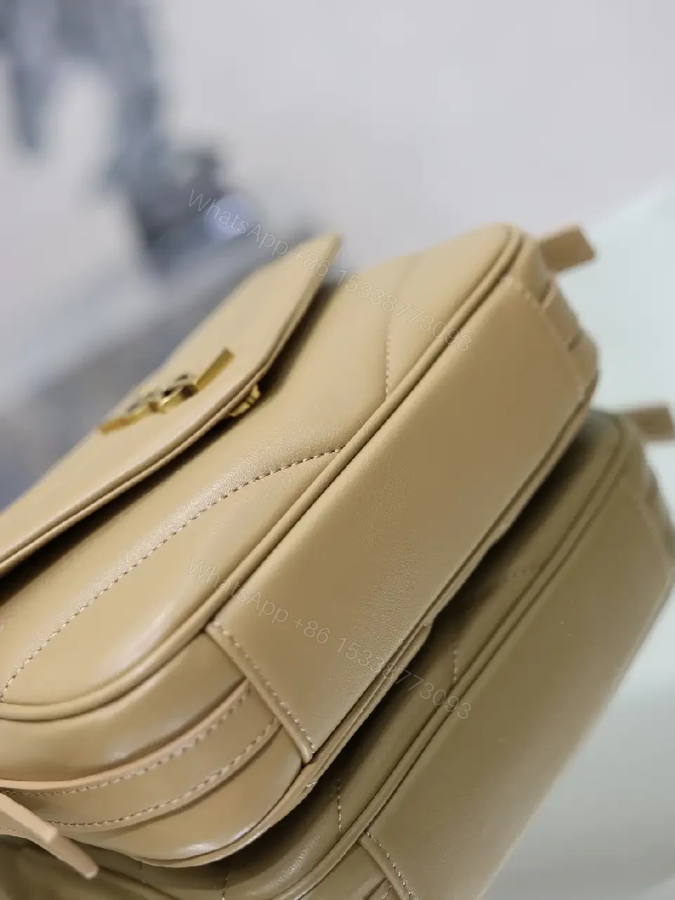 View 9 of Beige Leather Crossbody Bag Flap Chevron Stitching