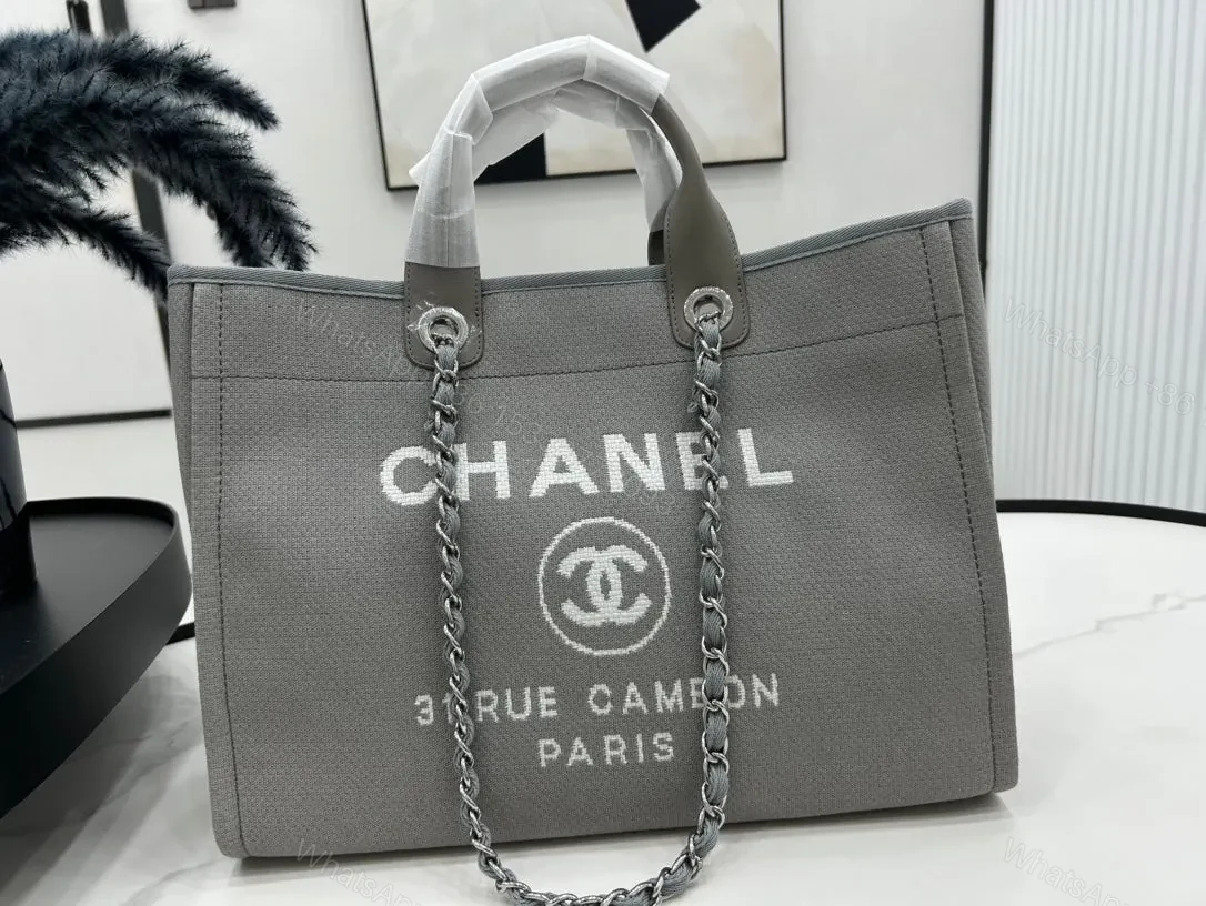 View 9 of CHANEL CC DEAUVILLE LARGE 38 TOTE BAG IN GREY CANVAS WITH WHITE LOGO