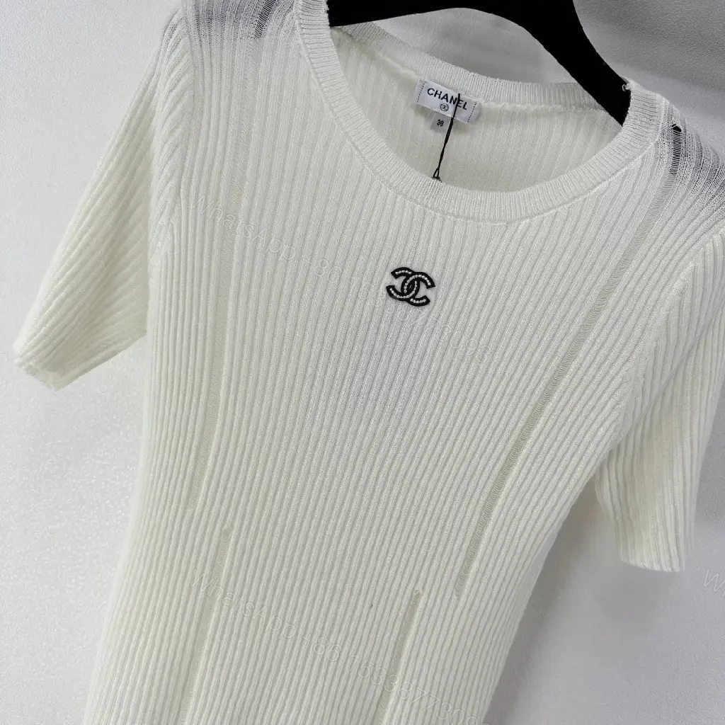 View 11 of Minimalist Ribbed Knit Tee with Subtle Crest Logo - White/Creme, Premium Knit, Crewneck Tee