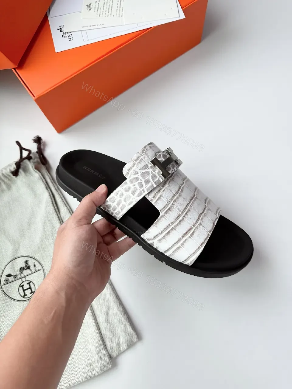View 4 of White Crocodile-Texture Leather Slides Hermes Style Belt Sandals