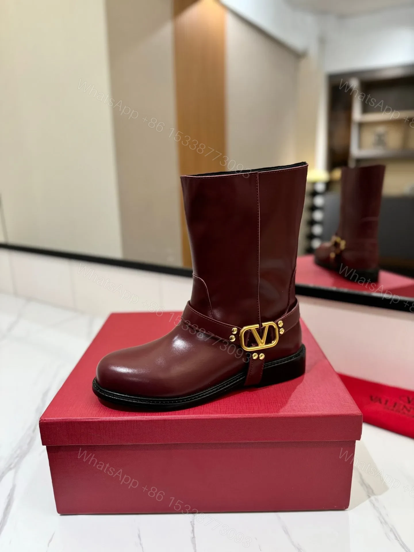 View 5 of Valentino Women Burgundy Leather Mid-Calf Boots