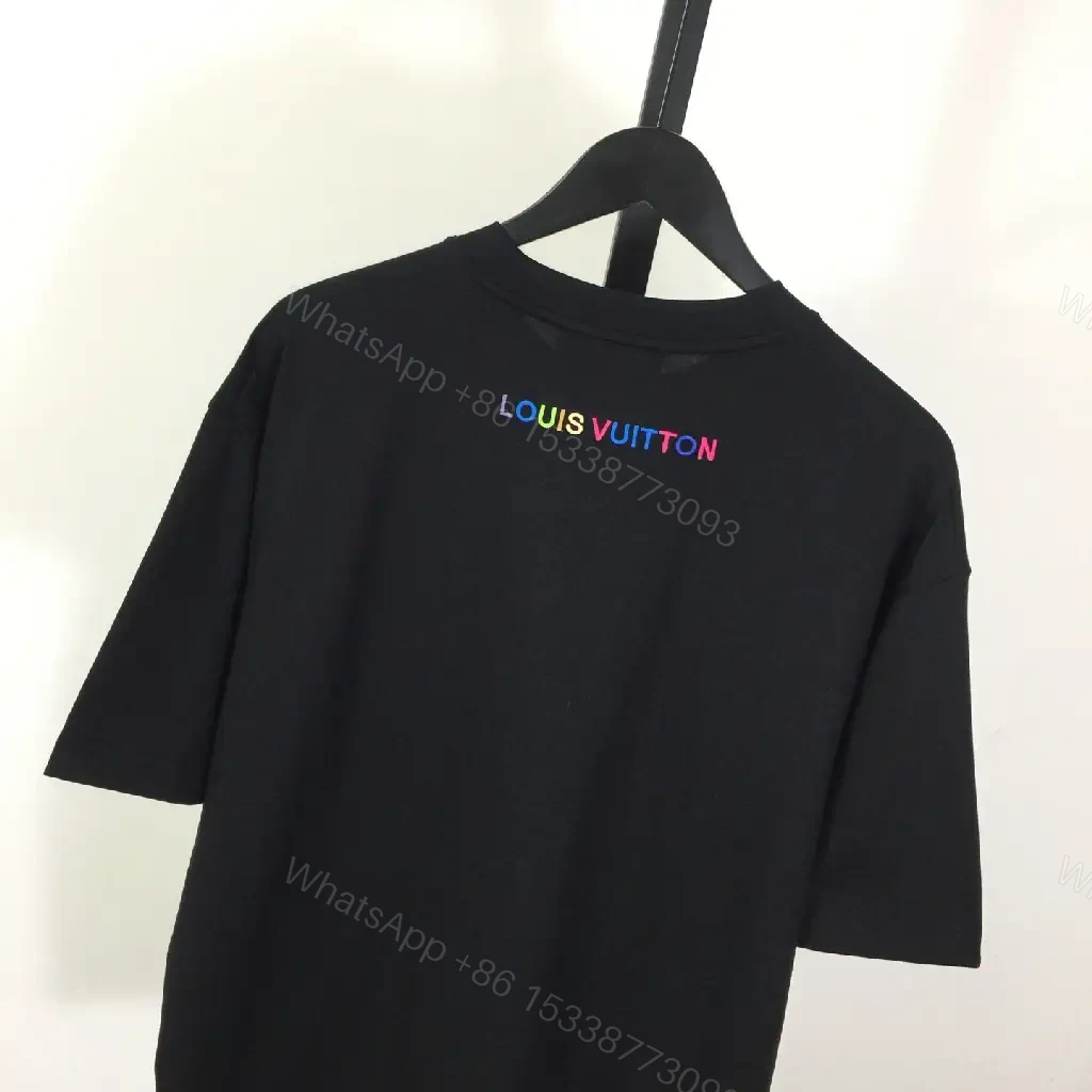 View 3 of Black Cotton Crew-Neck Tee with Multicolor LV Embroidery