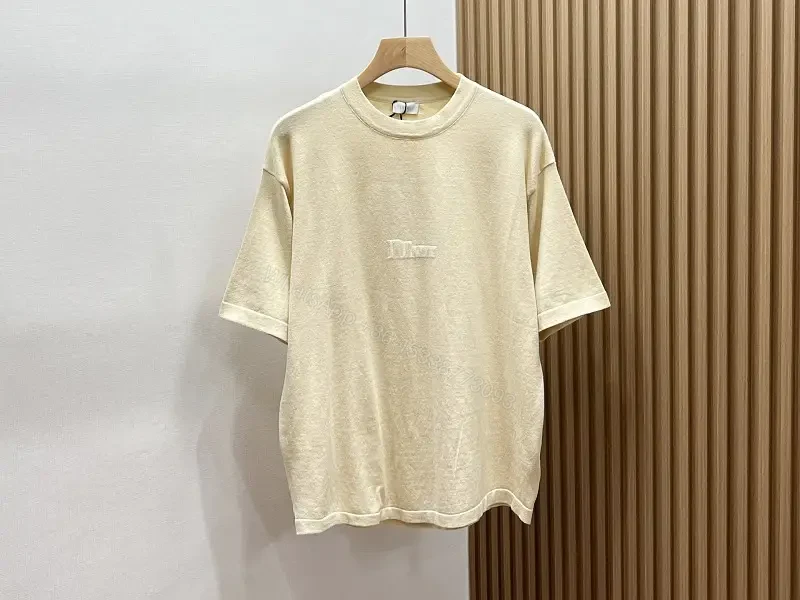 Light Beige Cotton Knit Tee - Casual Relaxed Fit Short Sleeve — view 1