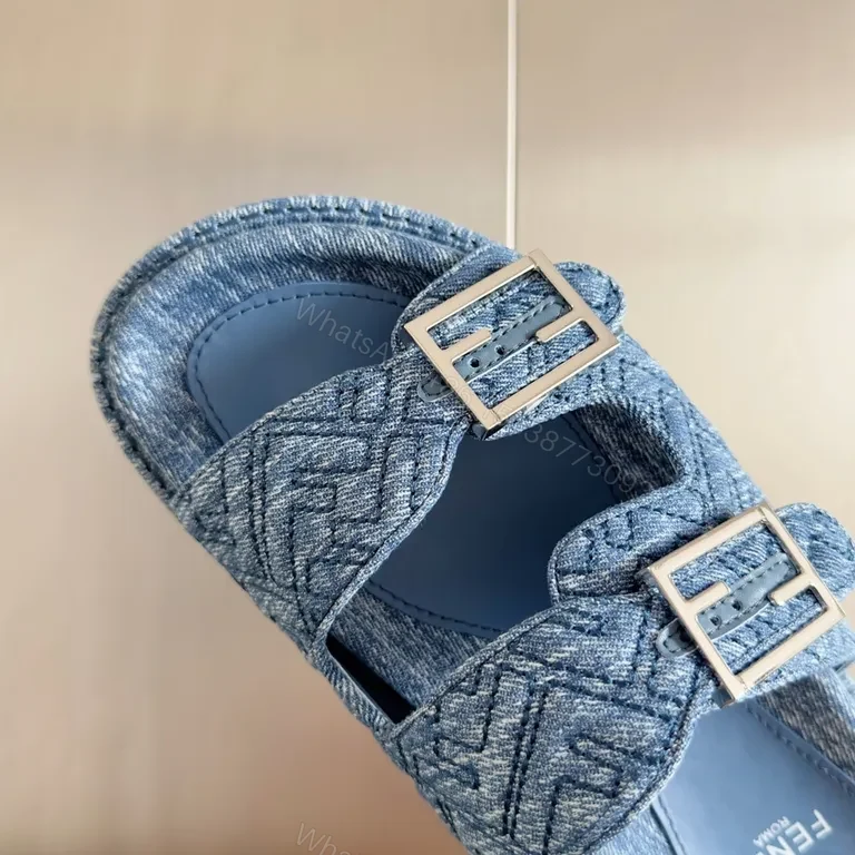 View 8 of Denim-Texture Sandals with Fendi Detail â€“ Luxury Comfort Menâ€TMs
