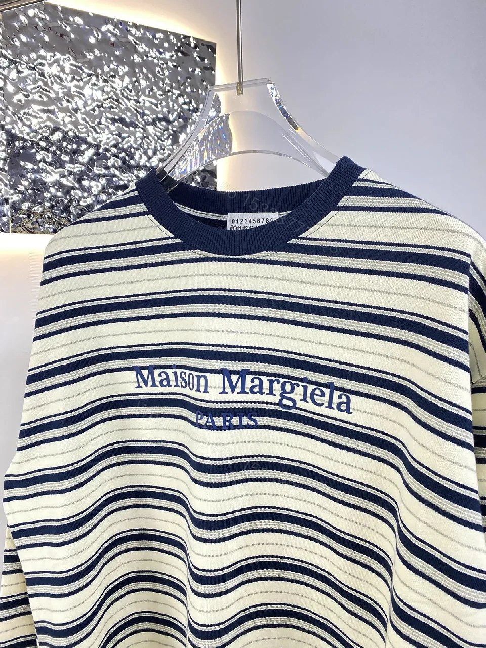 View 3 of Navy Stripe Cotton Crewneck Sweater with Subtle Logo