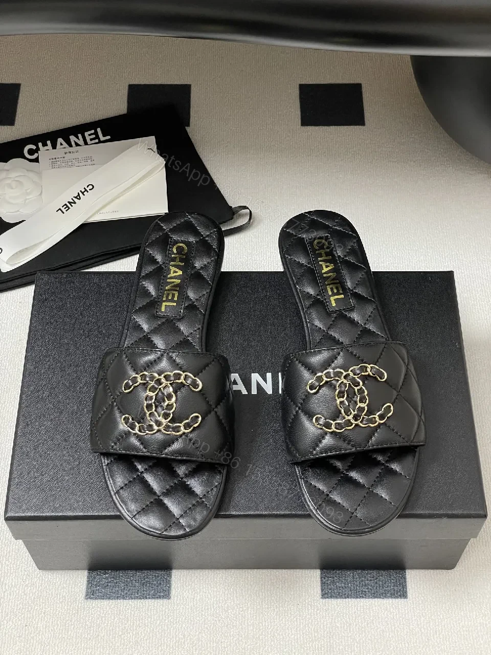View 7 of Quilted Leather Slides with Gold Chain Detail Luxury