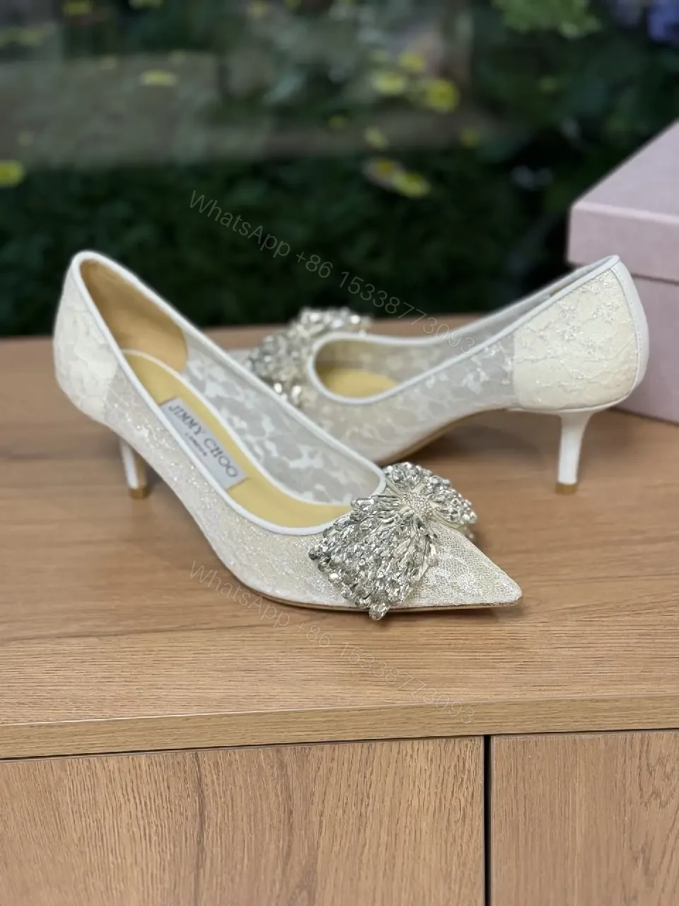 View 5 of Champagne Lace Pumps: Crystal Toe Embellishment, Elegant Pointed-Toe