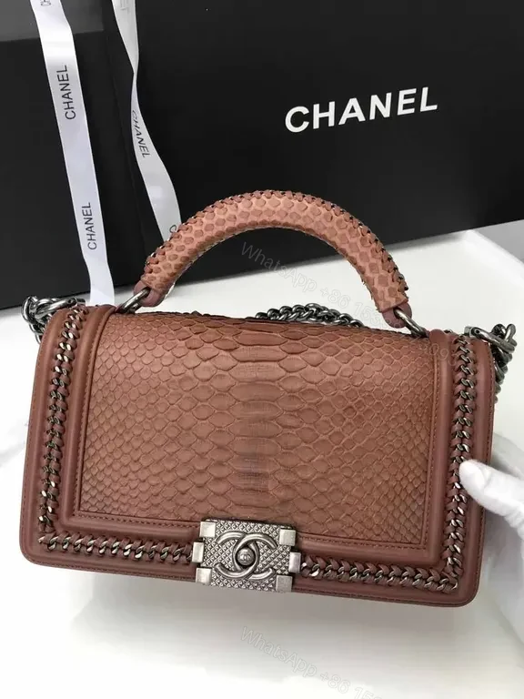 View 3 of Python Leather Chanel-Inspired Handbag: Rich Texture, Gold Clasp