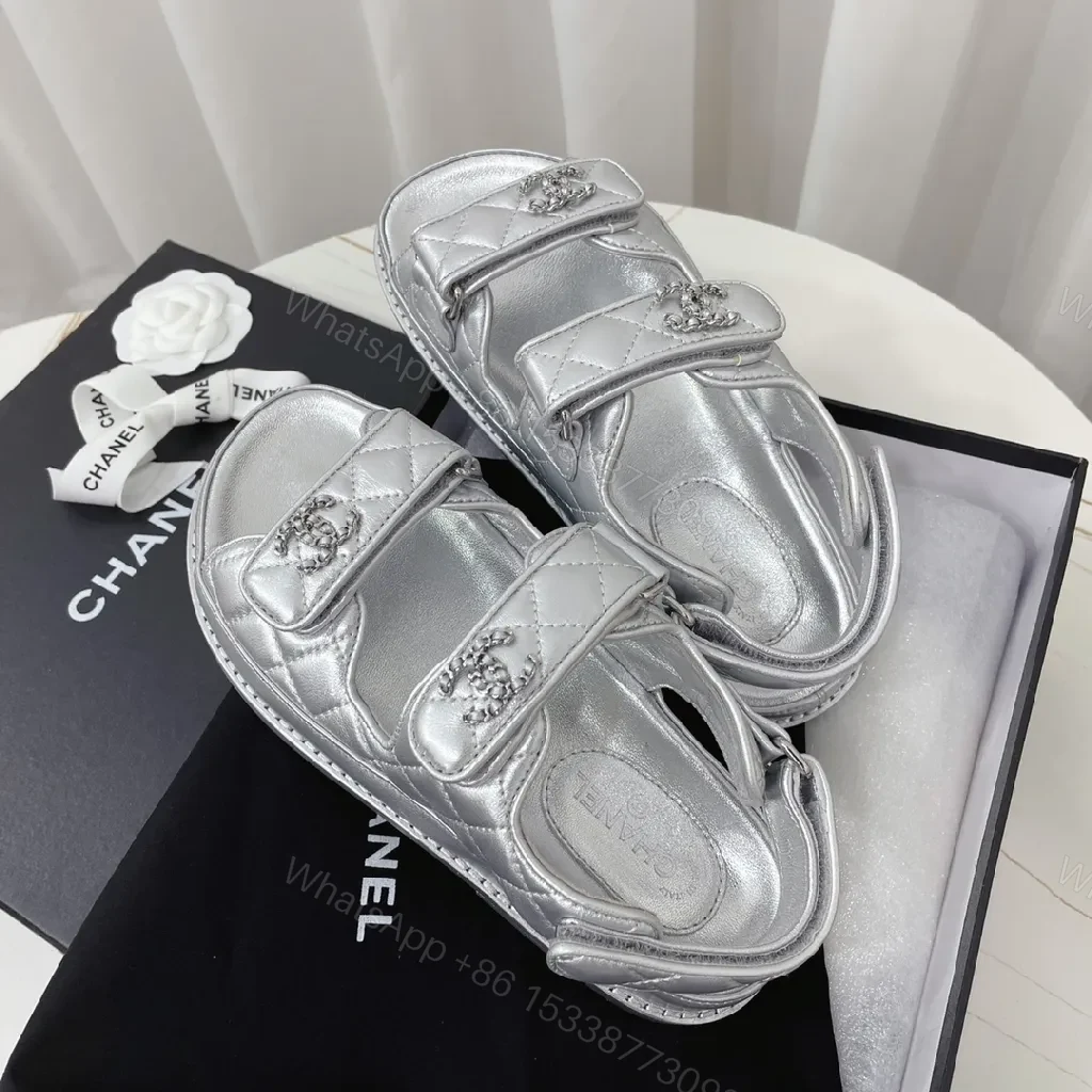 Shimmer Silver Quilted Slides: Luxury Streetwear Sandals — view 1