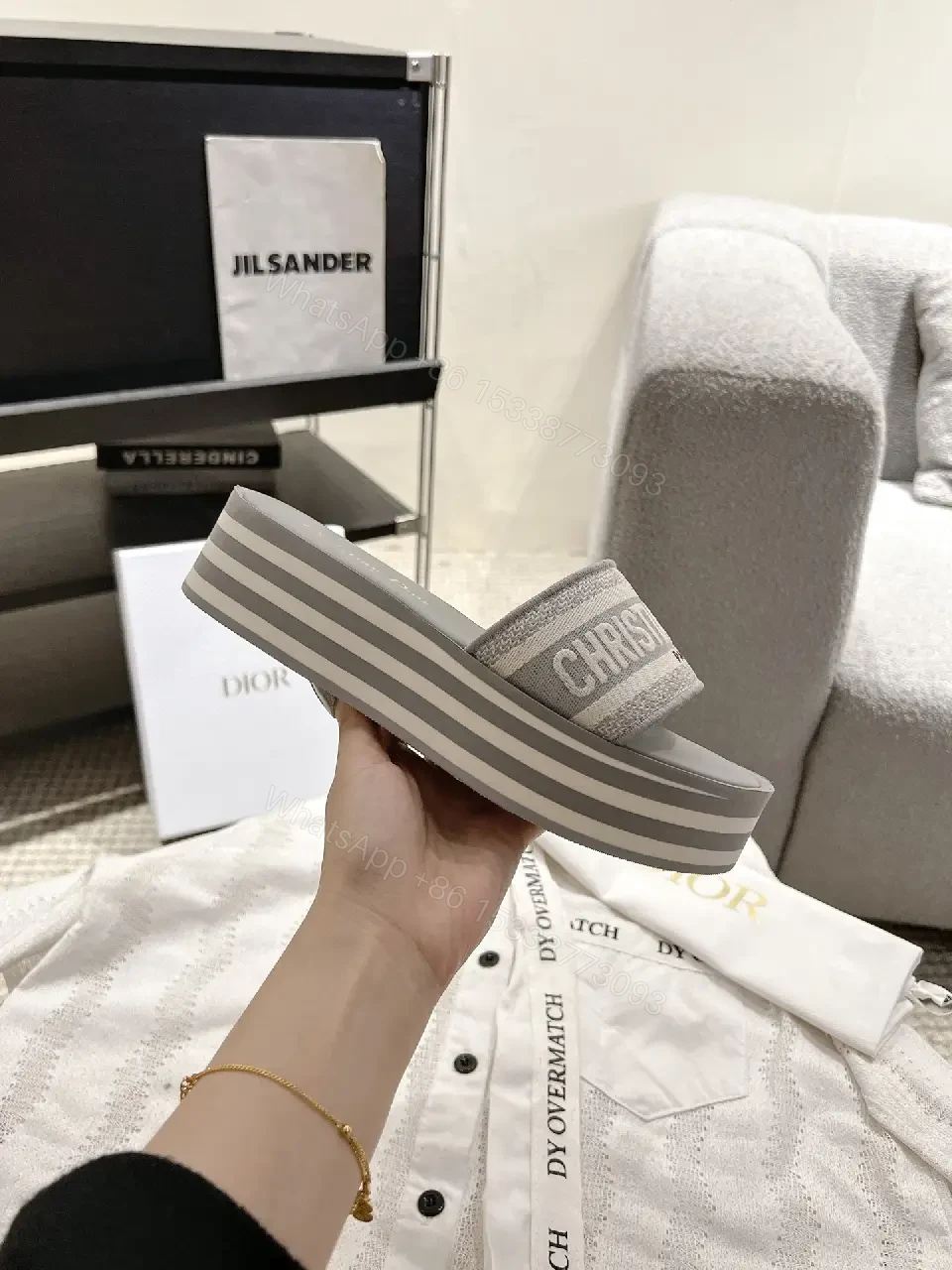 View 10 of Gray Dior Slides with Logo Strap Slippers