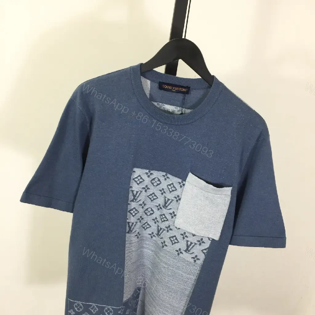 View 6 of Blue Patchwork LV-Patterned Casual Oversized Tee with Chest Pocket