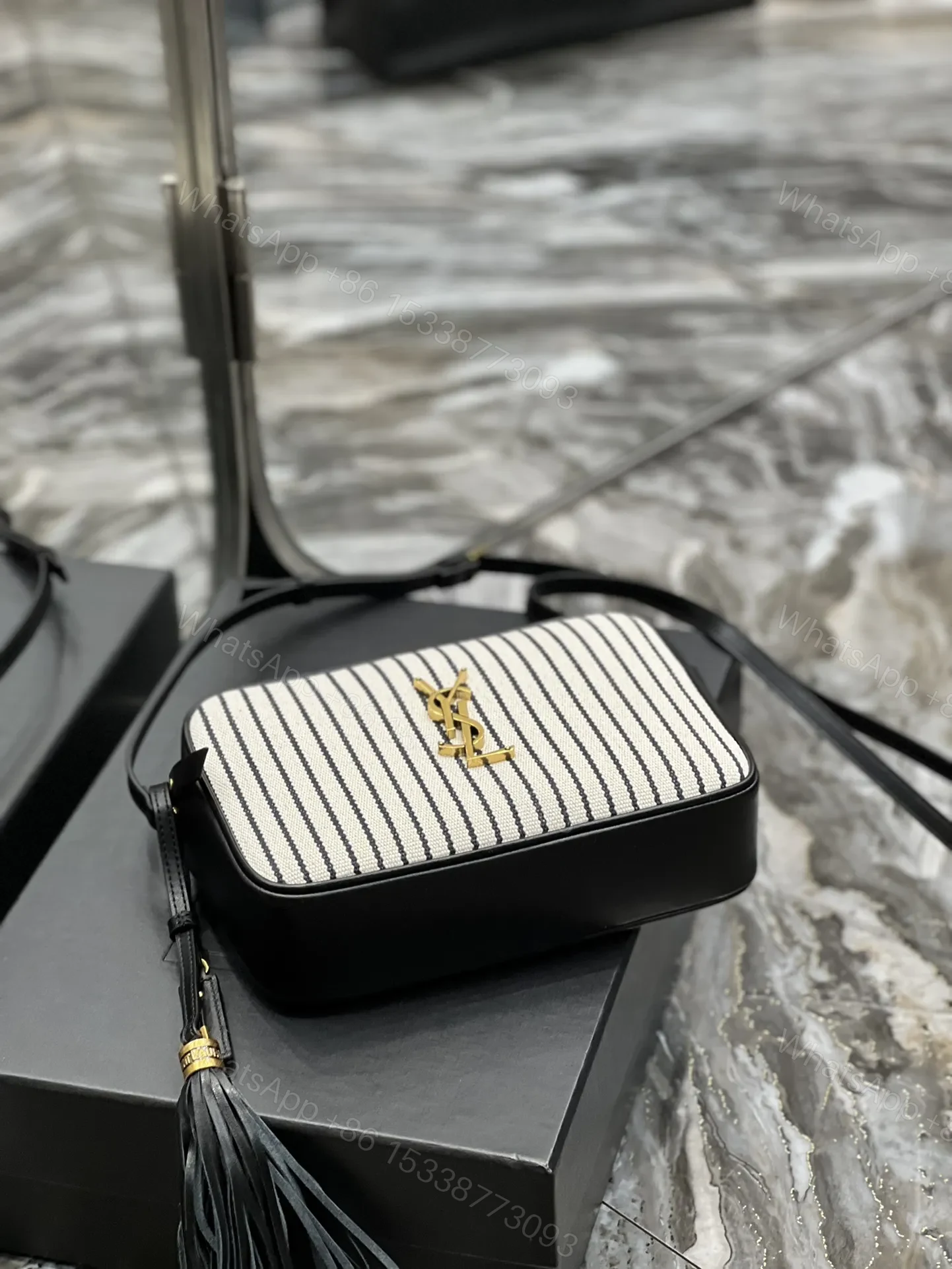 View 2 of SAINT LAURENT Lou Medium Ysl Striped Canvas Camera Crossbody Bag In Grey Cream