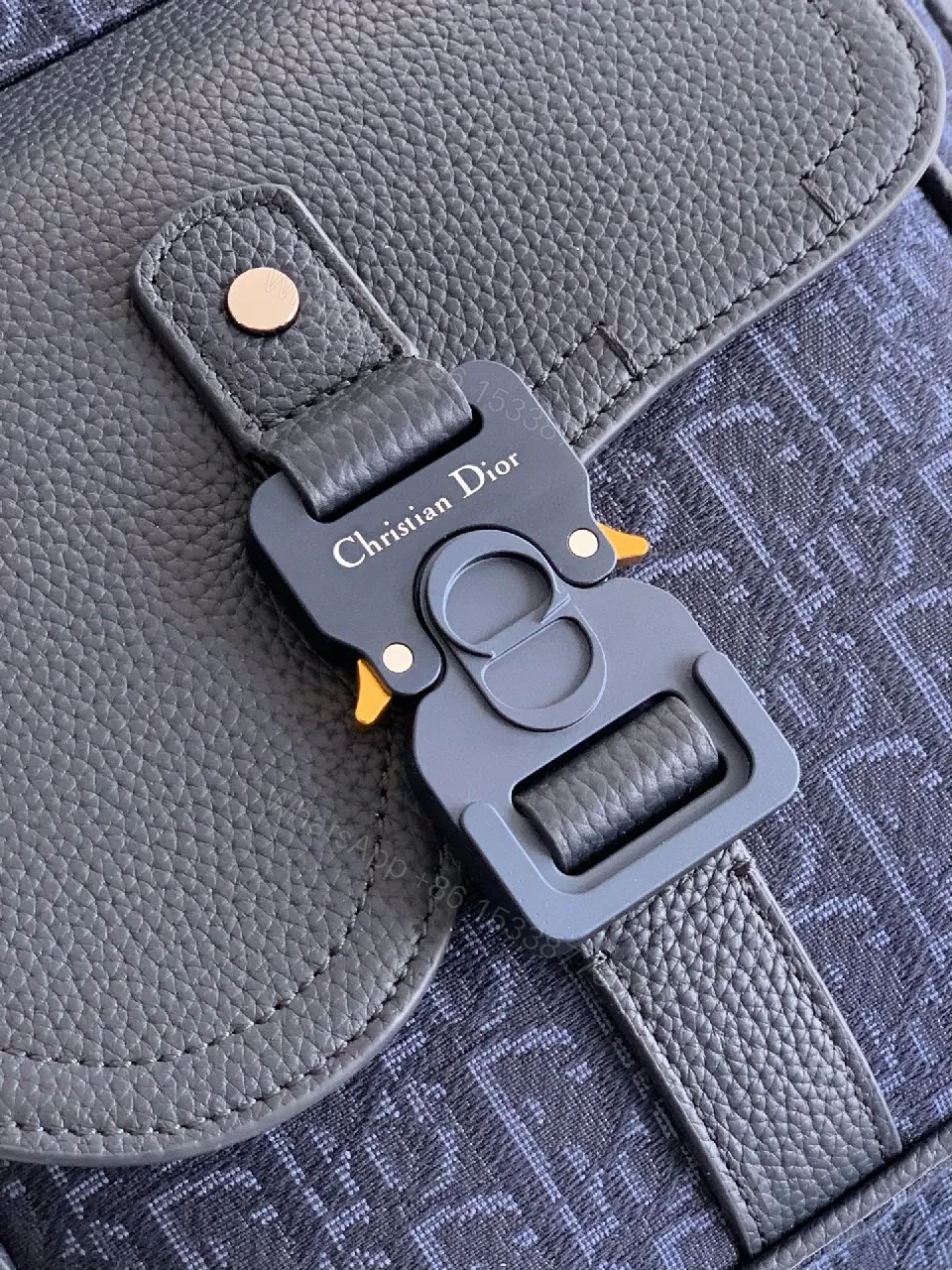 View 3 of Navy Monogram Leather-Trim Compact City Backpack