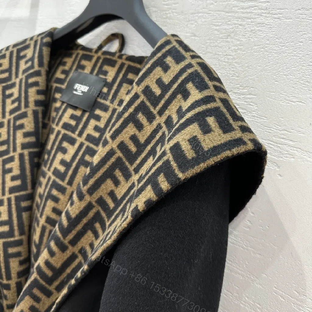 View 2 of Bold Wool-Blend Wrap Coat with Logo-Pattern Overlay