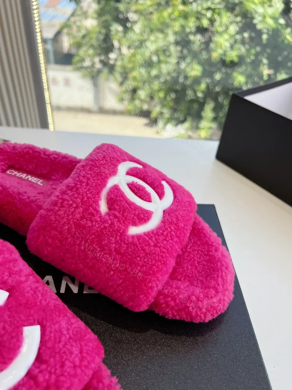 View 3 of Vibrant Plush Slides - Hot Pink, Plush, Open-Back Comfort