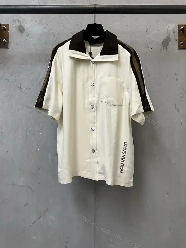 White Cotton Polo Shirt with Black Accent Louis Vuitton Style Key Feature Pocket Short Sleeve Shirt — view 1