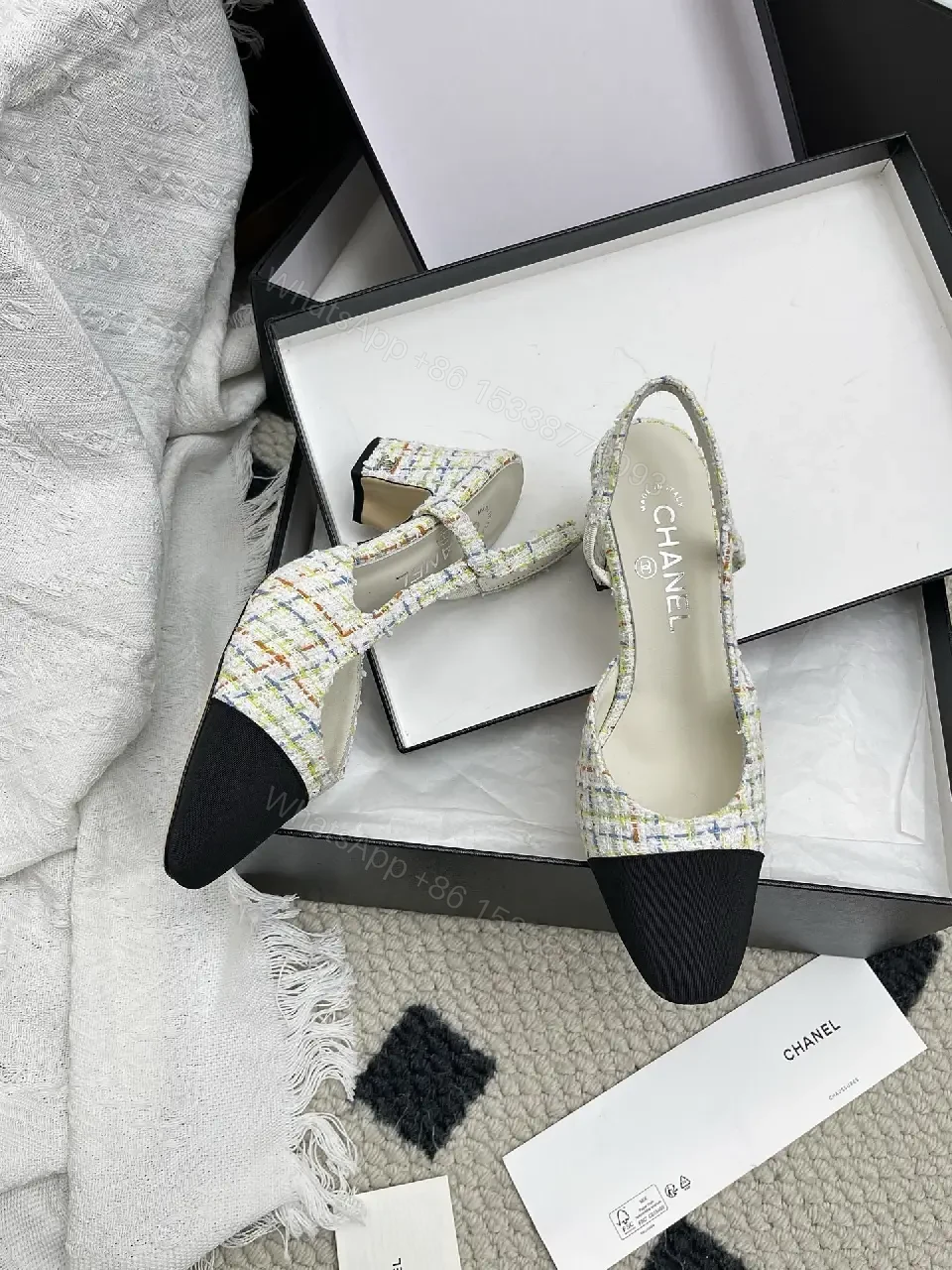 View 4 of Tweed Slingback Pumps with Black Cap Toe - Luxe Comfort