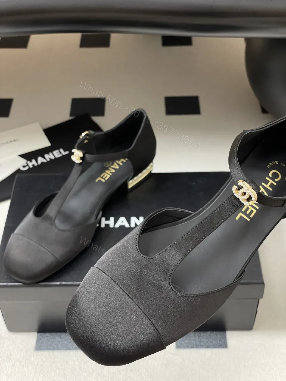 View 3 of Black Satin T-Strap Flats - Luxury-Inspired Comfort, Modern Elegance