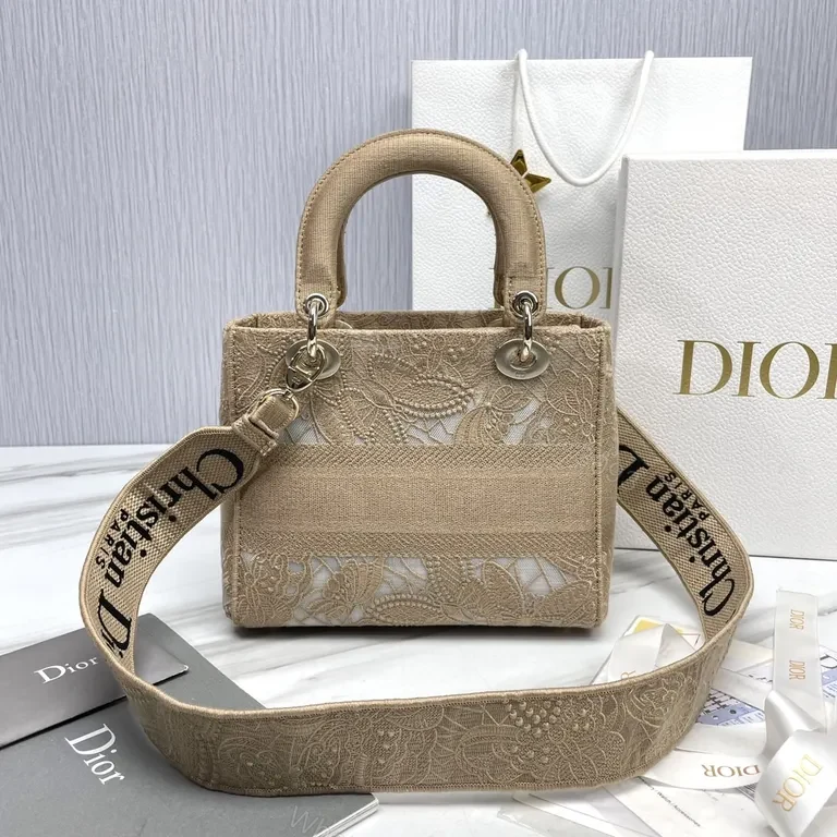 View 8 of Beige Lace-Textured Mini Bag with Monogram, Luxury Chic