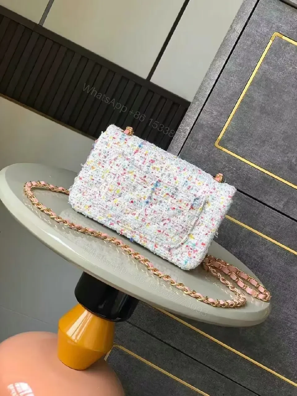 View 2 of Textured Tweed Flap Bag with Crystal Logo, Compact Luxury Bag