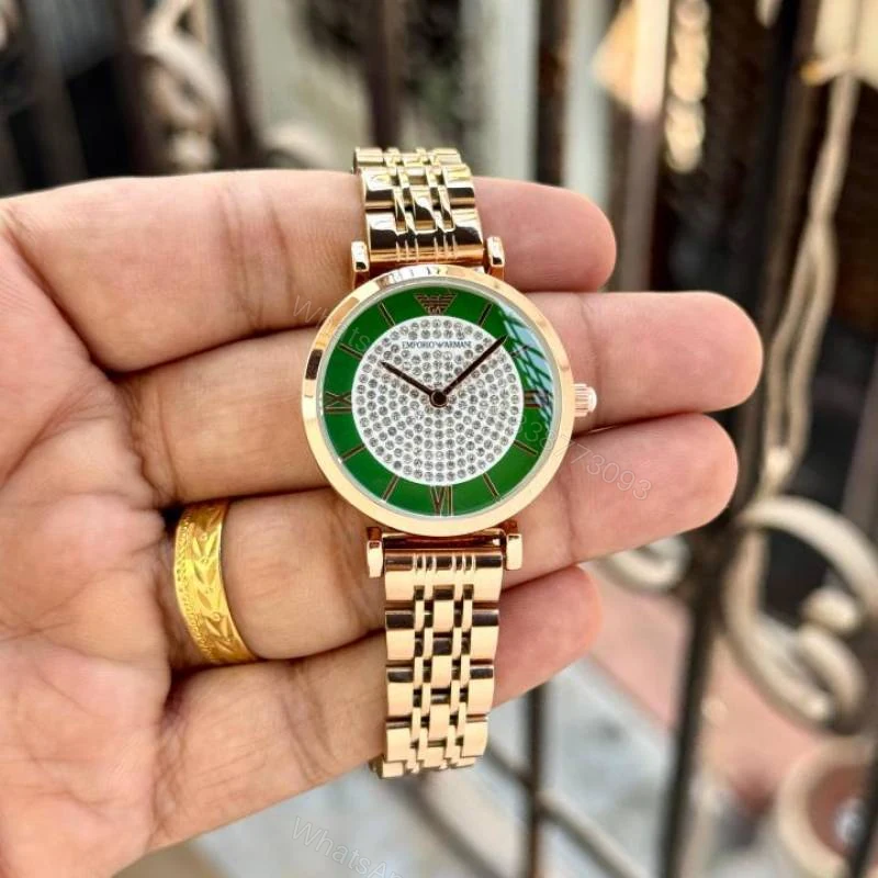 First Copy Emporio Armani Rose Gold Green Dial Full Diamond Women’s Analog Watch — view 1
