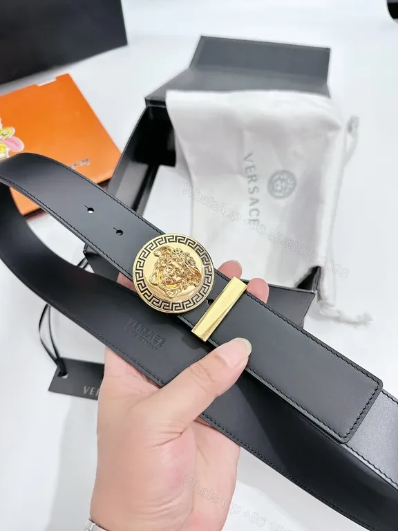 View 2 of Bold Black Leather Belt with Medusa Buckleâ€”Versace Luxury Belt