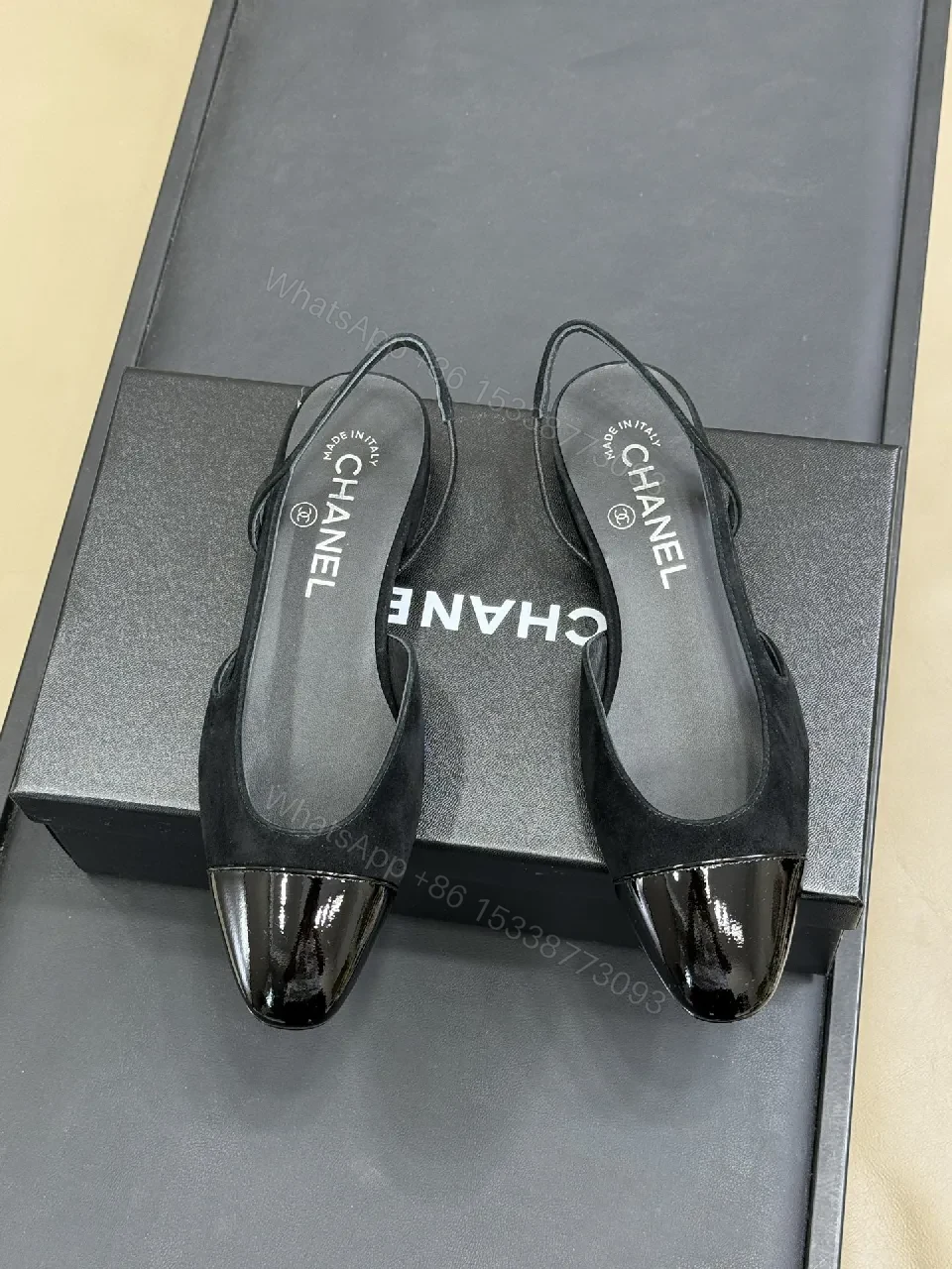 View 9 of Black Suede Slingback Heels with Patent Toe Cap, Luxe, Comfort-First