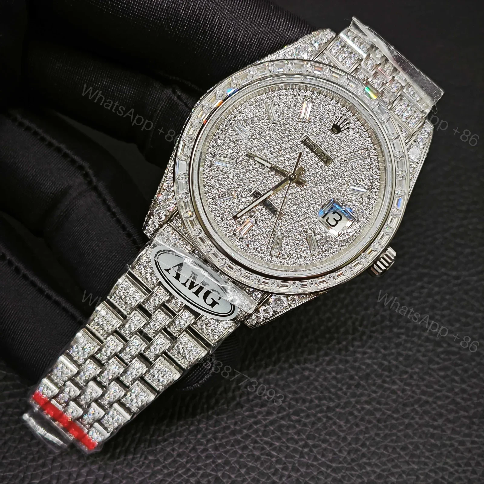 View 3 of Rolex Datejust Full Diamond 41mm Silver Pavé Dial Baguette Bezel President Bracelet RLG-DJ-FULLDIAMOND-41MM-SILVER