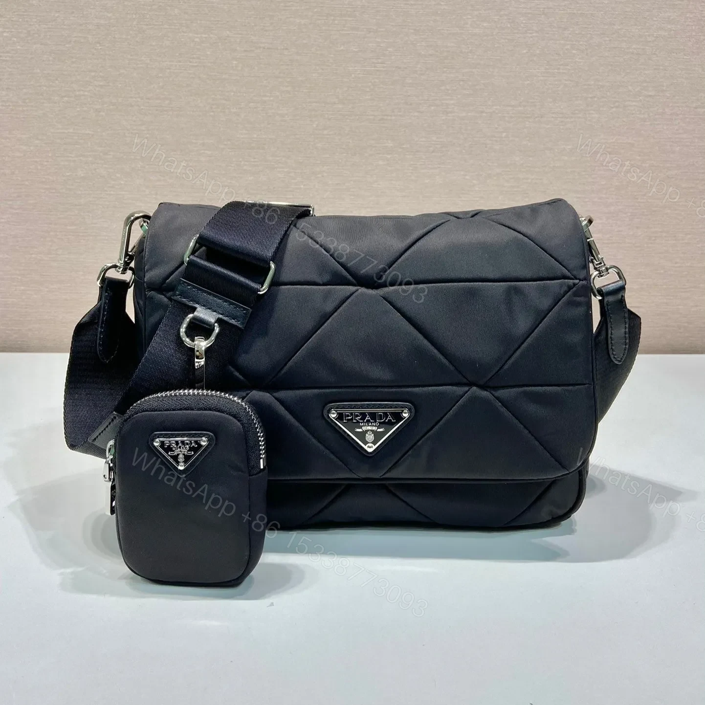 MEDIUM FLAP BAG 24 IN BLACK TRIANGULAR QUILTED PATTERN RE-NYLON — view 1