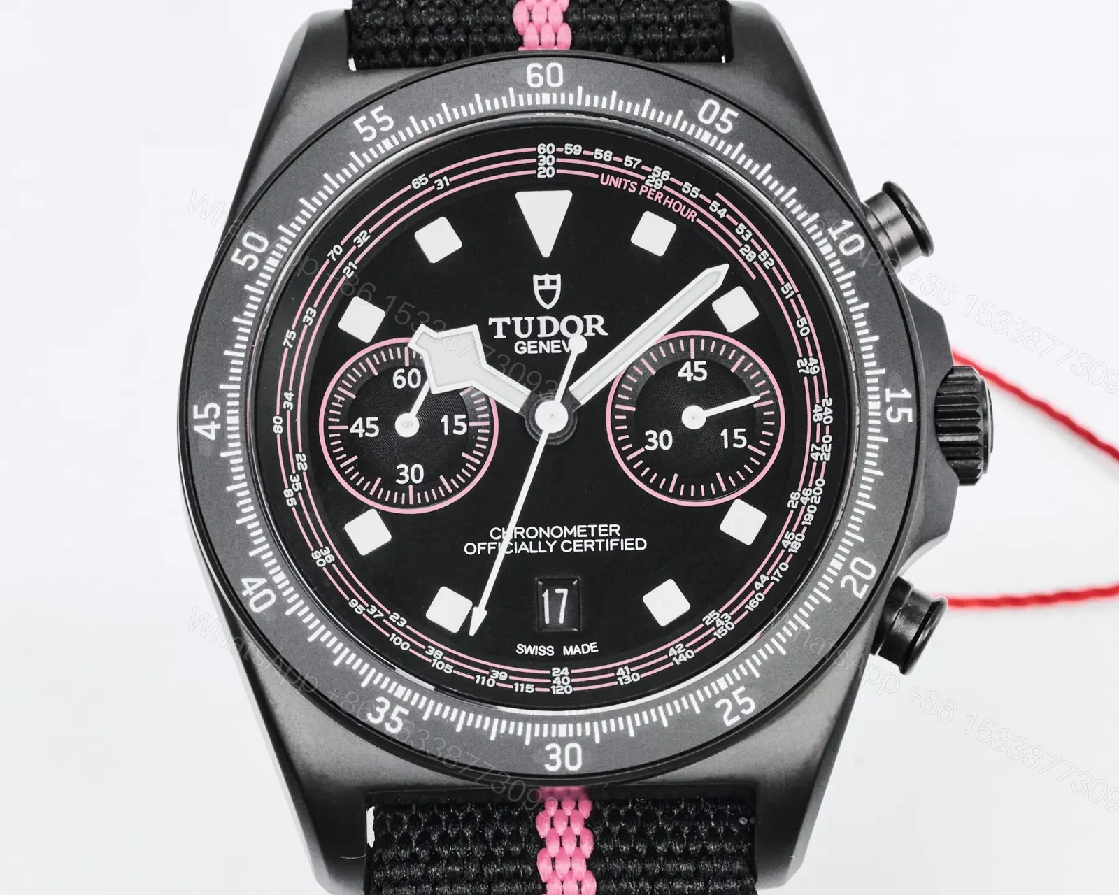 Tudor FXD Chronograph Black Dial Pink Stripe Fabric Strap Premium 43MM TUD-FXD-CHRONO-BLK-PNK-FAB-43 — view 1