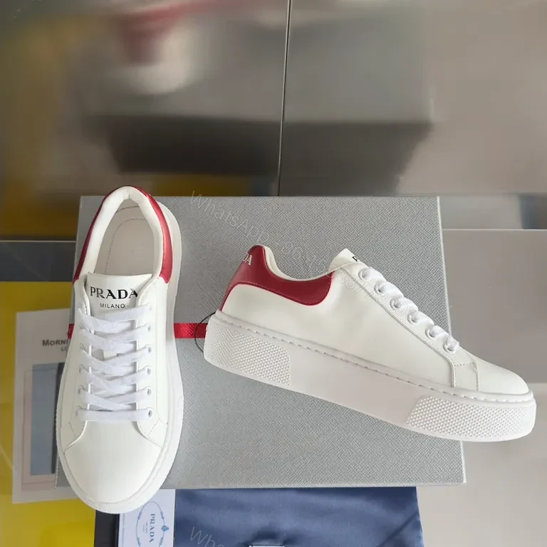 View 8 of Minimalist White-Red Leather Sneakers with Prada Touch