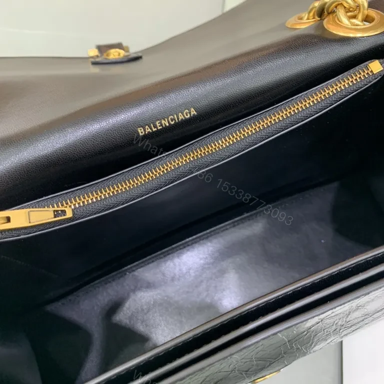 View 7 of Structured Black Leather Crossbody Bag with Gold Chain