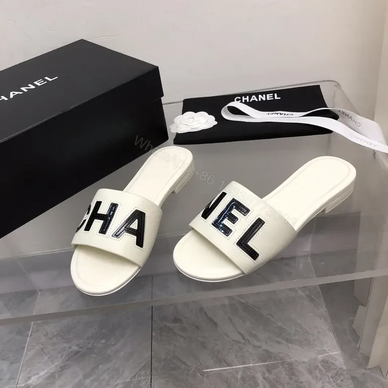 View 4 of Chanel-Inspired White Leather Slides with Bold Logo Strap