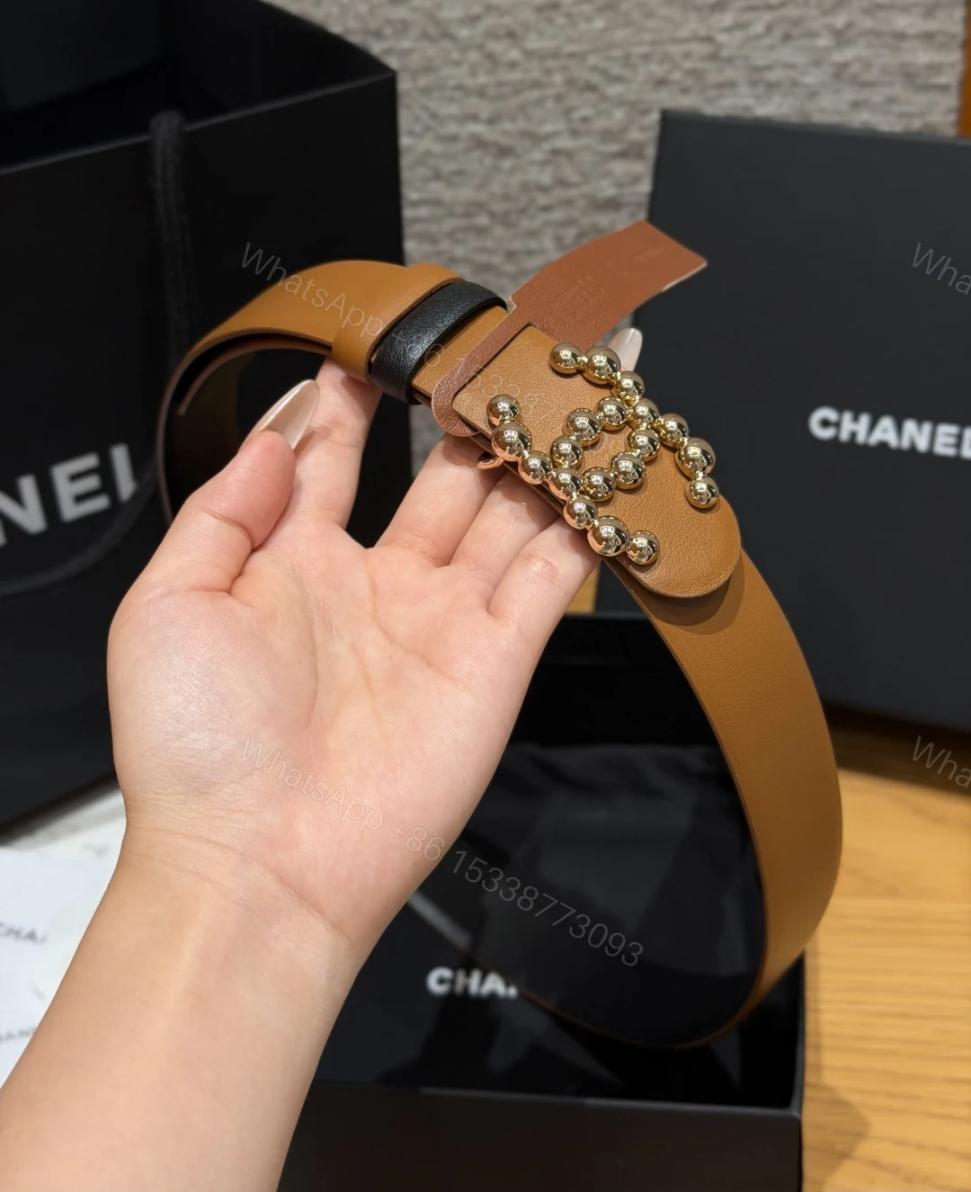 Chanel 高仿金屬球珠CC扣雙色牛皮皮帶焦糖色 — view 1