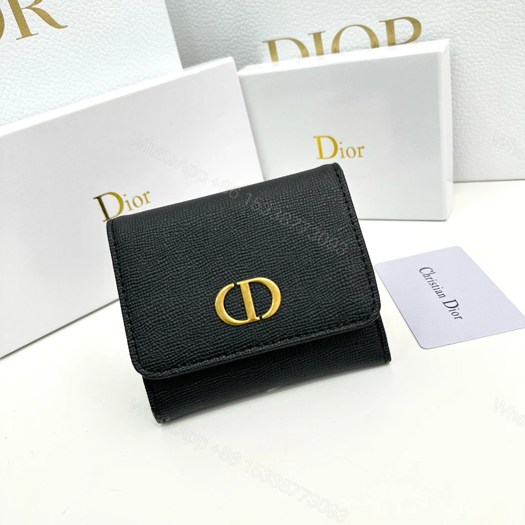 Dior高仿短夾 黑色粒面皮革 CD金屬標識 女士輕奢百搭款 — view 1