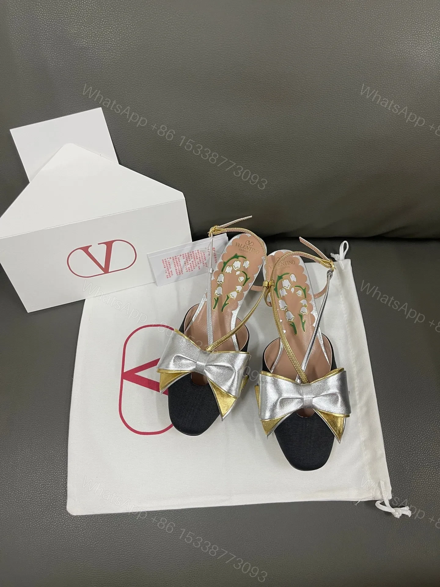 Valentino Women Black Satin Silver Gold Leather Heels — view 1