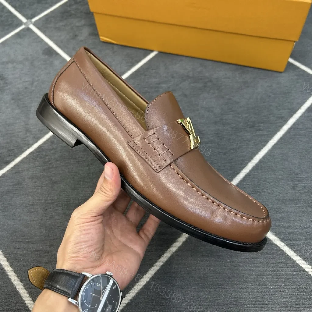 View 3 of Brown Leather Loafers with Gold Emblem: Luxury Everyday Comfort