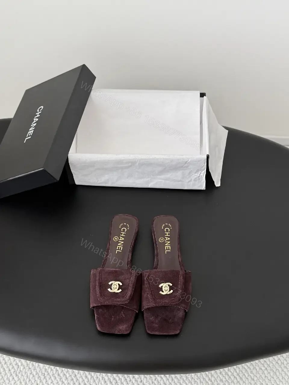 View 4 of Suede Mules with Gold Logo Hardware — Burgundy, Square-Toe, Cushioned Comfort