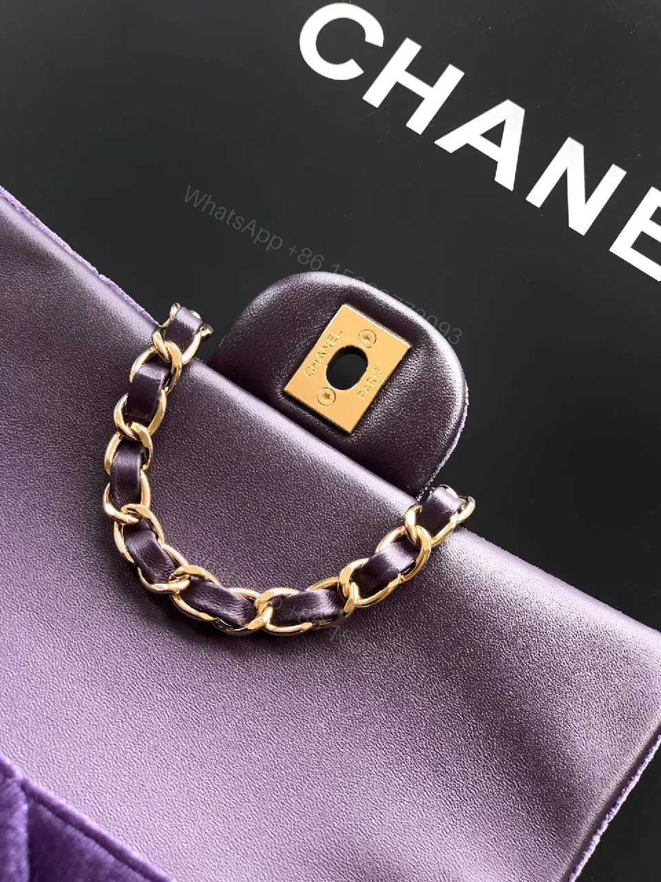 View 4 of Velvet Quilted Flap Bag with Gold Hardware - Chic Purple