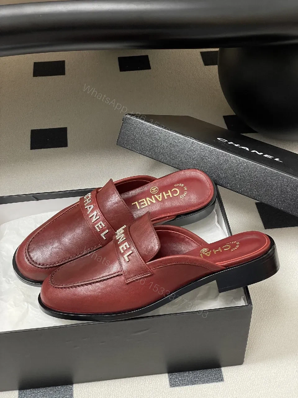 View 7 of Burgundy Leather Mule Slides with Signature Logo Billet