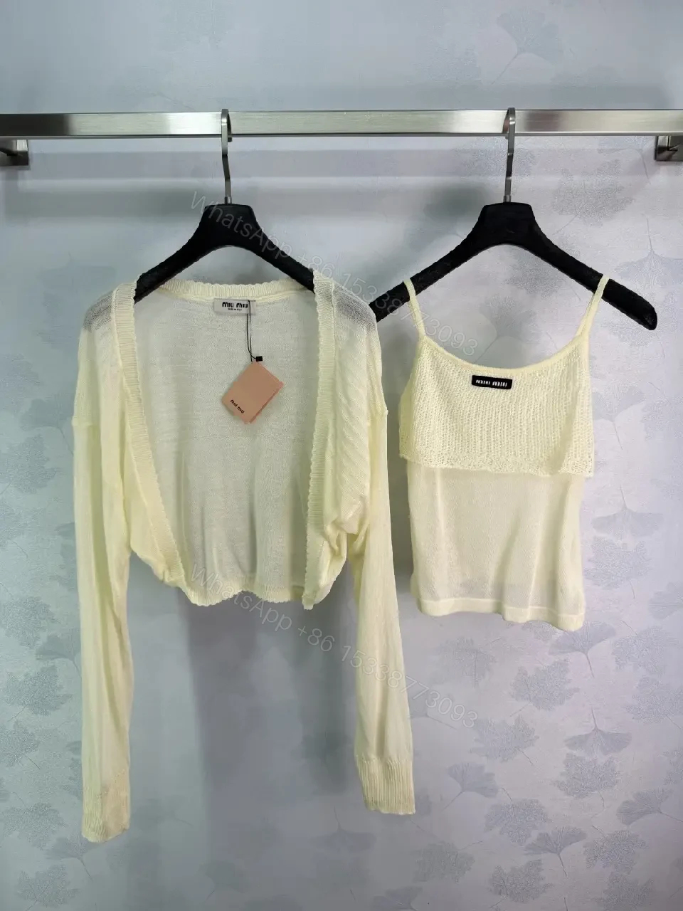 View 10 of Cream Knit Crop Cardigan & Camisole Set - Two-Piece White