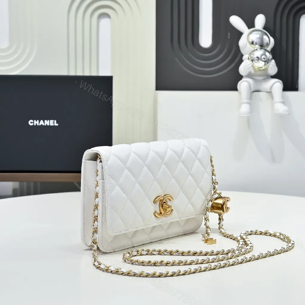 View 4 of Quilted White Crossbody: Luxury Chic, Gold Hardware Compact Bag