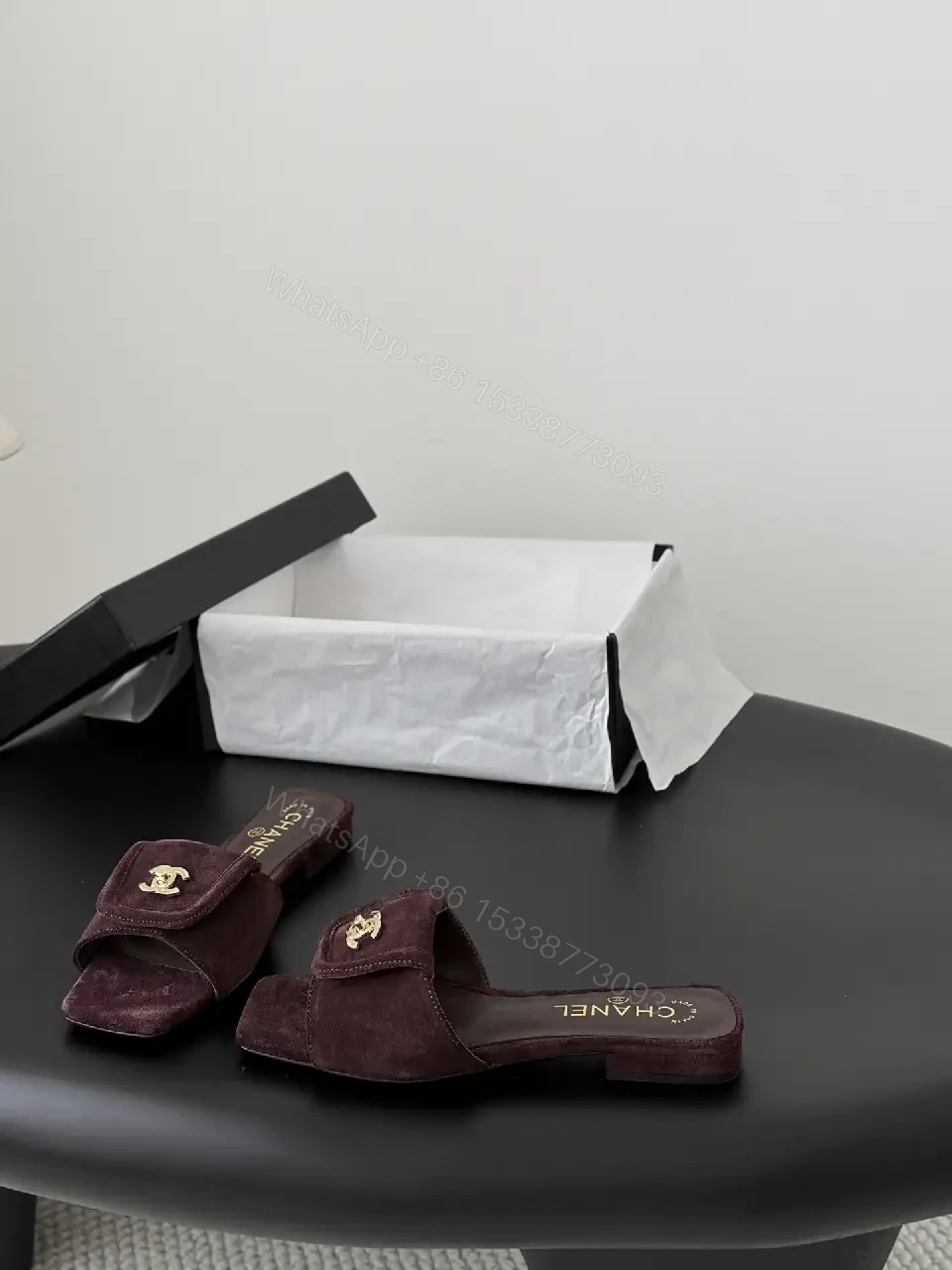 View 10 of Suede Mules with Gold Logo Hardware — Burgundy, Square-Toe, Cushioned Comfort