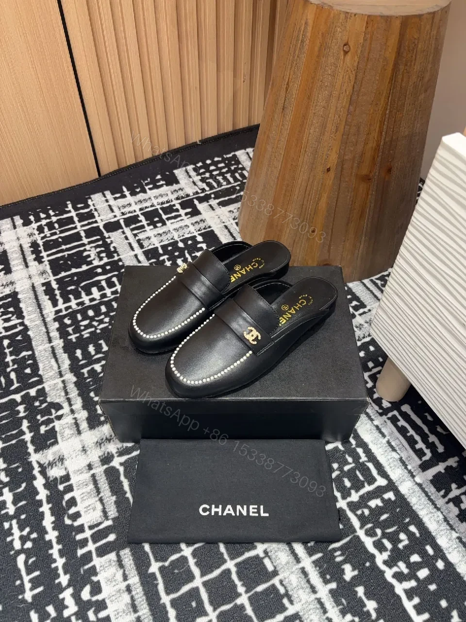 View 4 of Pearl-Trim Leather Mules – Black, Gold Hardware, Luxury Style