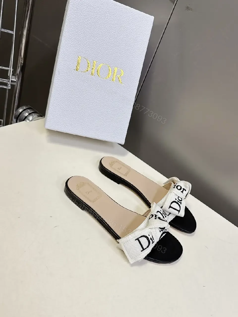 View 10 of White Fabric Slide Dior Logo Sandals