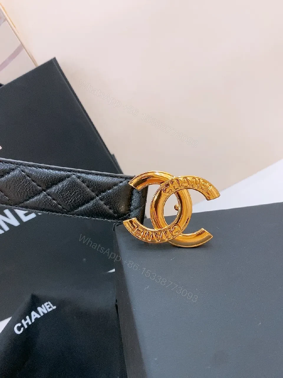View 3 of Black Quilted Leather Belt with Gold Double-C Logo Buckle