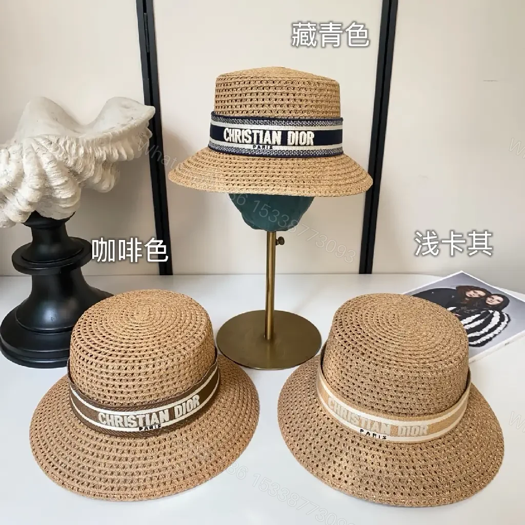 View 2 of Natural Fiber Straw Hat, Bucket Style, Tight Circular Weave, Navy Band