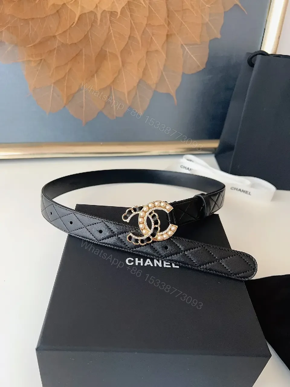 View 3 of Quilted Black Belt with Pearl Buckle - Lux Style Accessory