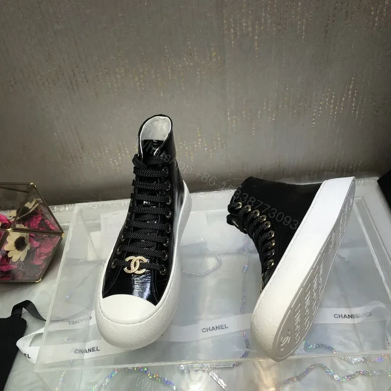 View 7 of Chanel-Inspired Black Patent High-Top Sneakers with Gold Logo