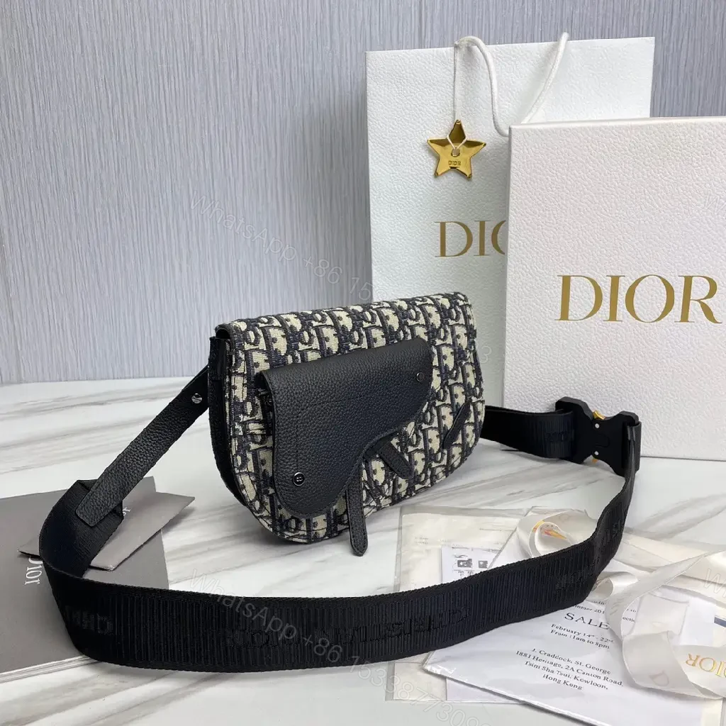 View 8 of Compact Black Leather Dior-Inspired Monogram Messenger Bag